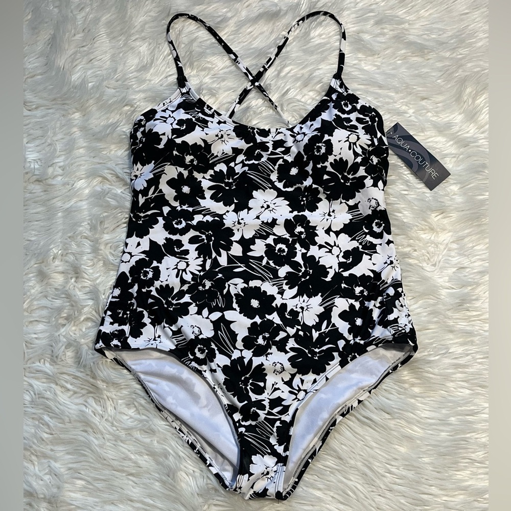 Aqua Couture Floral Black & White Criss Cross One-Piece Swimsuit